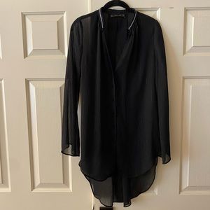 Zara Black Sheer Long Sleeve Button Up Tunic Blouse Women’s Large